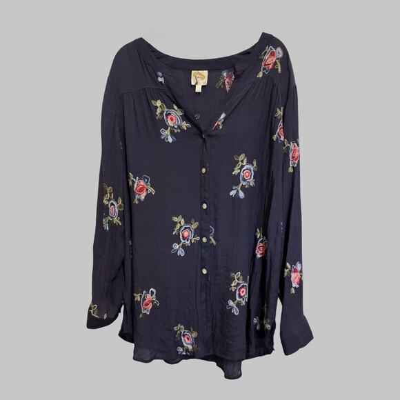 Fig & Flower Anthropologie Navy Blue Floral Gauzy Tunic Button Up Blouse Size 2X - Picture 1 of 14